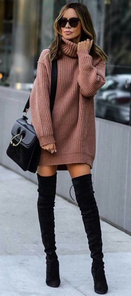 green, ribbed sweater dress with black suede over the knee boots