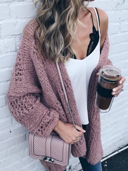 white tank top with gray, oversized cardigan