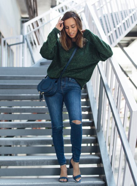 gray, chunky sweater with blue torn jeans and open toe heels
