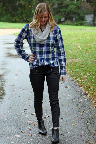 Navy flannel checked shirt with gray infinity scarf