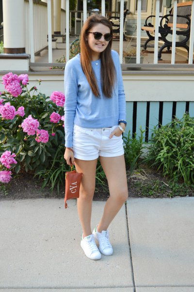 sky blue sweater with white mini denim shorts and sneakers