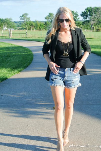black blazer with matching lace tank top