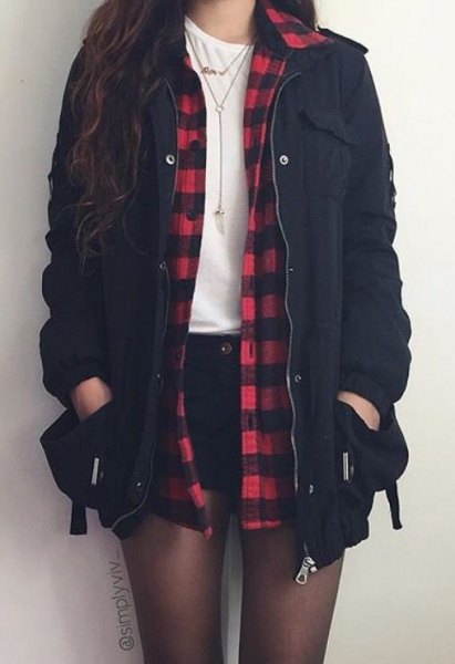Flannel shirt with black mini shorts and parka jacket