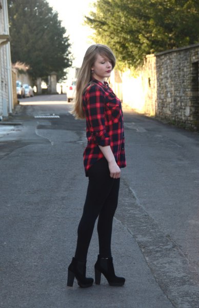 red and black checked shirt with super skinny jeans and boots with heels