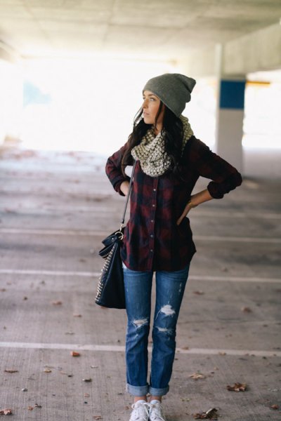 dark red flannel shirt with gray and white polka dot infinity scarf