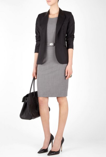 black blazer with knee-length dress with gray belt sheath