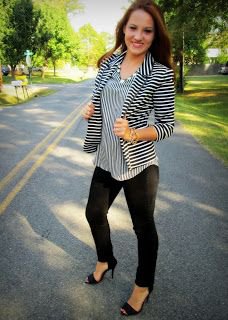 striped blazer with matching blouse and open toe heels