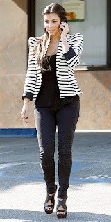striped blazer with puff shoulder, tank top with scoop neck and sandals