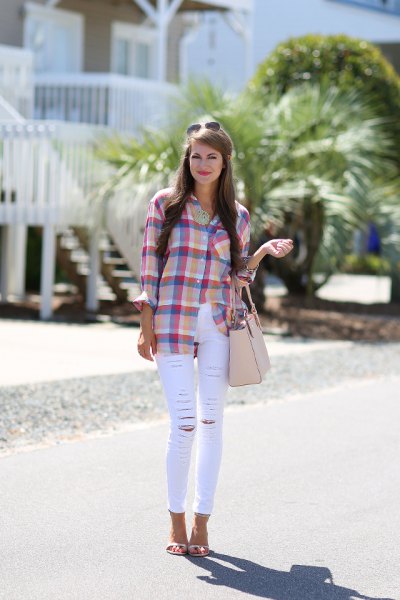 blue and pink checked shirt with thin white jeans