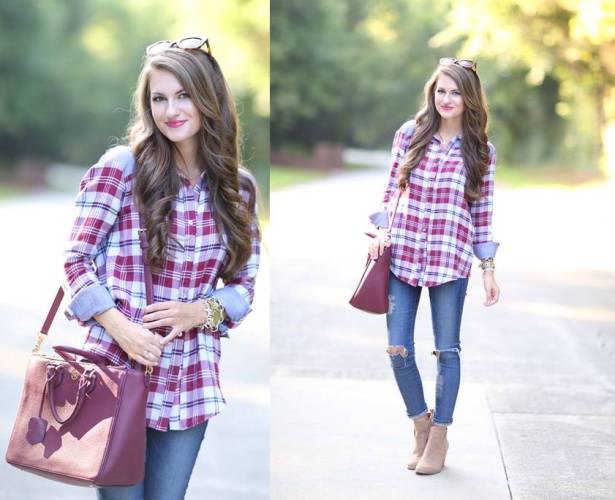 blue and red plaid shirt with torn skinny jeans