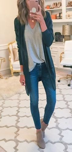 gray tunic t-shirt with V-neck and dark blue longline cardigan