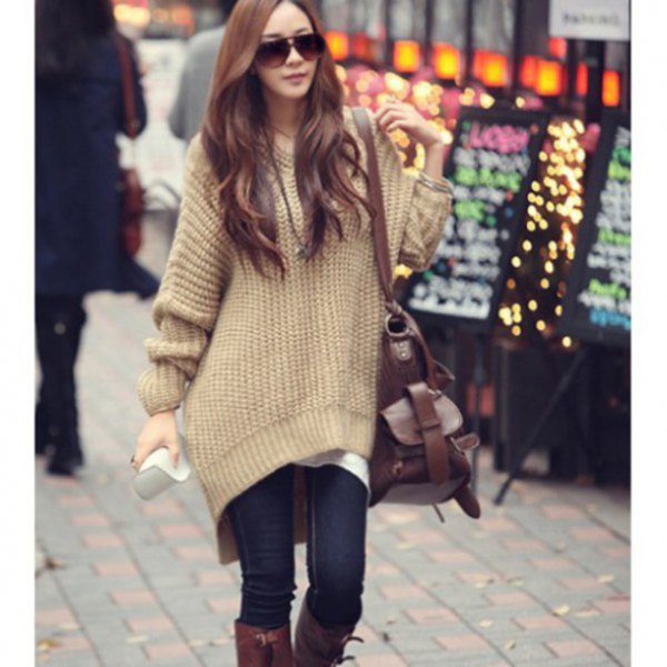 bright camel oversize tunic sweater with dark blue skinny jeans