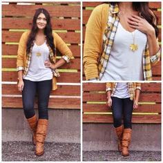 plaid shirt with mustard yellow cardigan and brown knee high boots