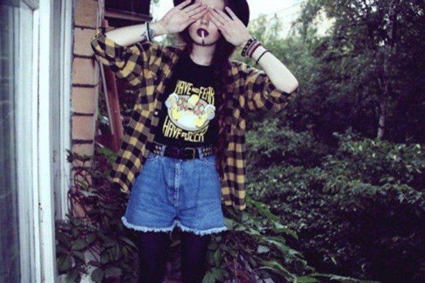 Light yellow and black checked shirt with flowing denim shorts