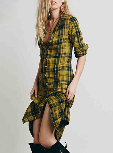 Slim fit midi length yellow checkered shirt dress with long boots