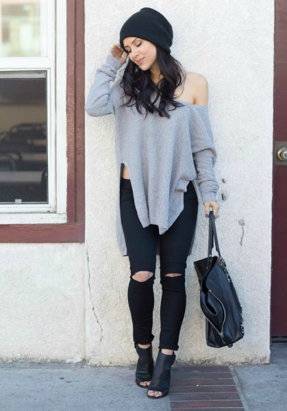 gray one-shoulder tunic side slit sweater with torn jeans