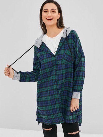 green and blue checkered tunic shirt with hood and torn jeans