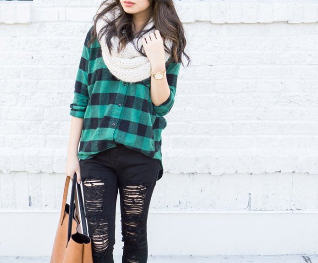 gray-green checked boyfriend shirt with destroyed black jeans
