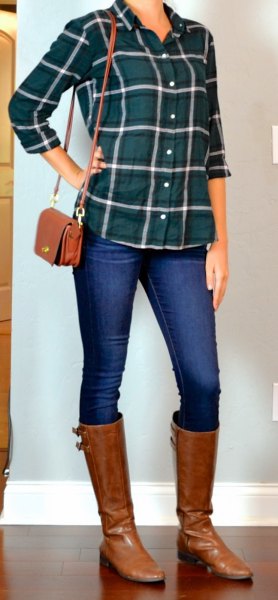 green checked shirt with blue skinny jeans and brown leather boots
