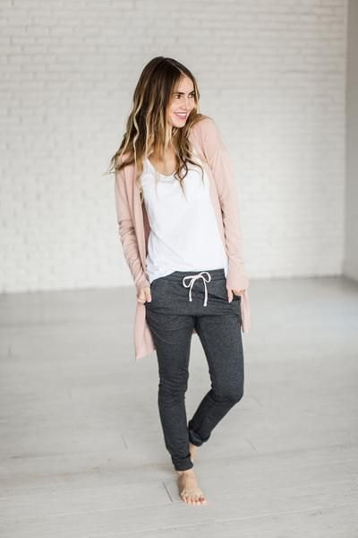 light brown cardigan with white tank top and gray jogging pants