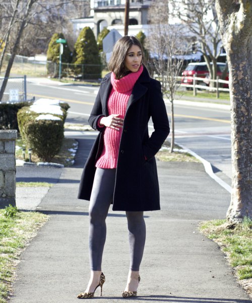 black wool coat with red rib sweater and gray leggings