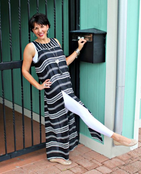 black and white striped maxi high-split dress with leggings
