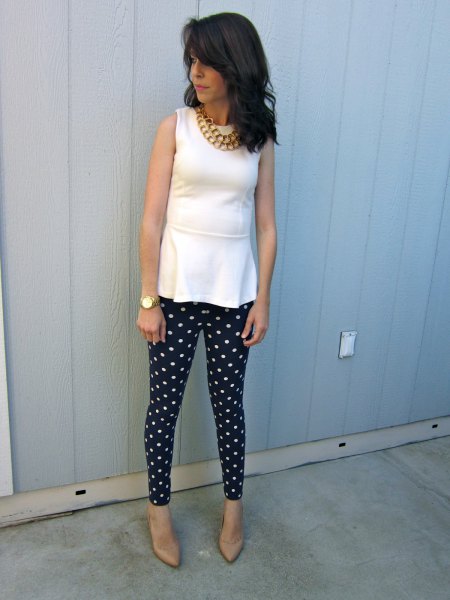 white peplum tank top with dotted leggings