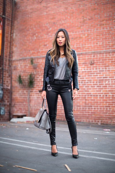 black slim fit moto jacket with gray t-shirt and leggings