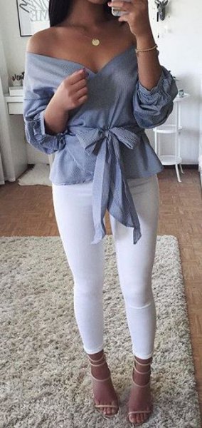 gray band front from the shoulder blouse with leggings and open toe heels