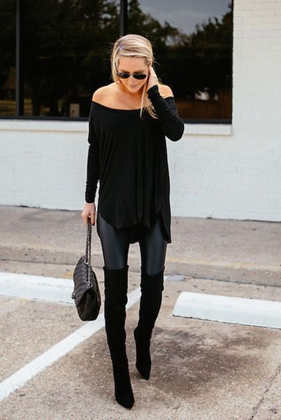 black off shoulder tunic blouse with skinny jeans and long flat boots