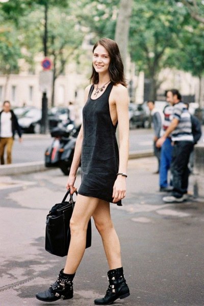 black tank shift mini dress with leather boots
