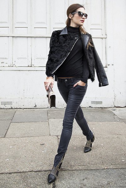 Leather moto jacket with mock-neck sweater and boots with zip