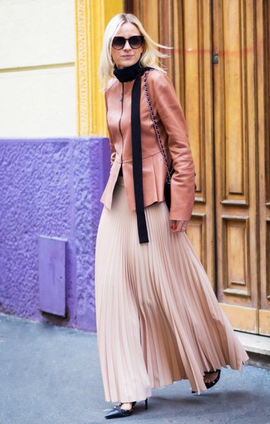 Rouge pink leather jacket with rose gold tone maxi pleated skirt