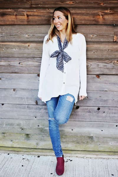 white chiffon cardigan with buttons and narrow silk scarf on the back