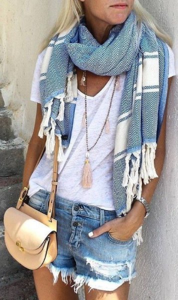 gray and white striped summer scarf with white V-neck t-shirt and denim shorts