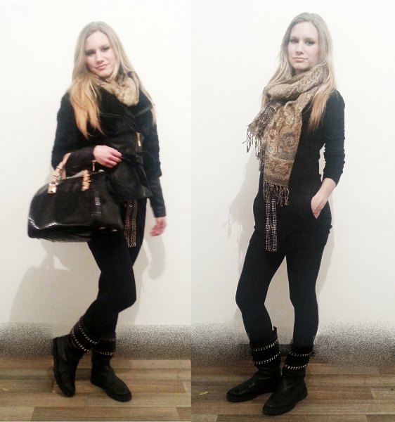 black sweater with skinny jeans and gold tribal scarf
