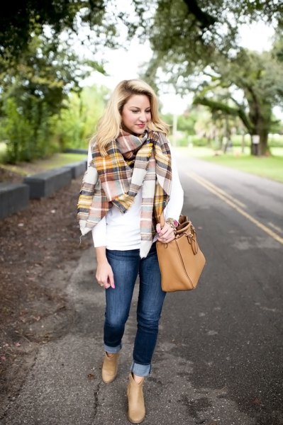 white long-sleeved T-shirt with gold and gray checkered scarf
