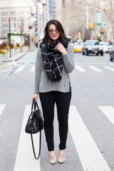 gray sweater with checkered scarf and light pink flats