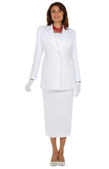 white church suit jacket with middle skirt and gloves