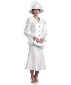 white church skirt suit with hat and clutch
