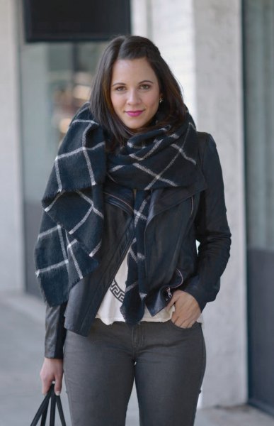 black and white checkered wool scarf with gray skinny jeans