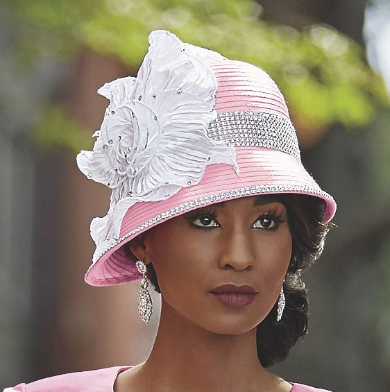 white bucket of church hat with matching skirt suit