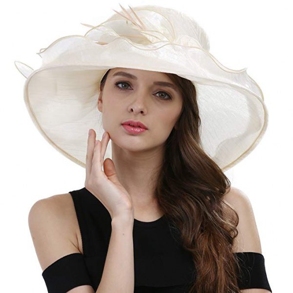 black midi shift dress with cold shoulder and white feather church hat