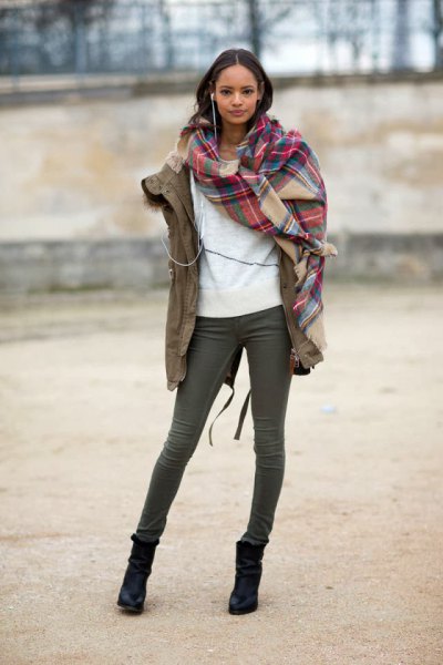 red and blush checkered scarf with camel military jacket