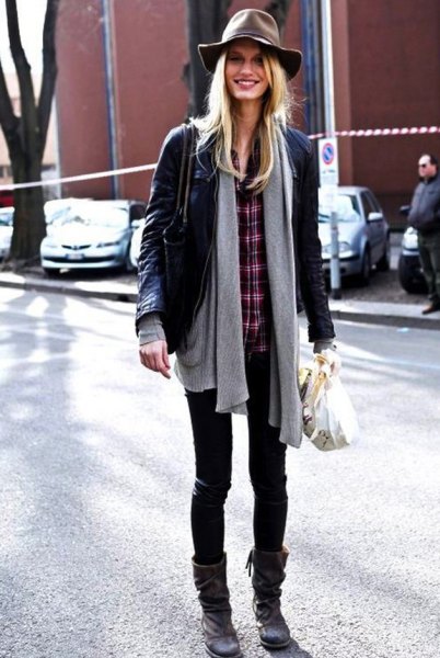 black leather jacket with gray cardigan and checkered shirt
