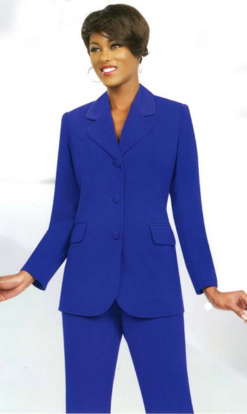royal blue suit with high collar and black heels