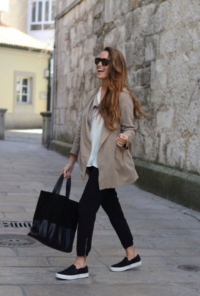 blushing pink casual blazer with black cropped jeans and canvas slip-on shoes