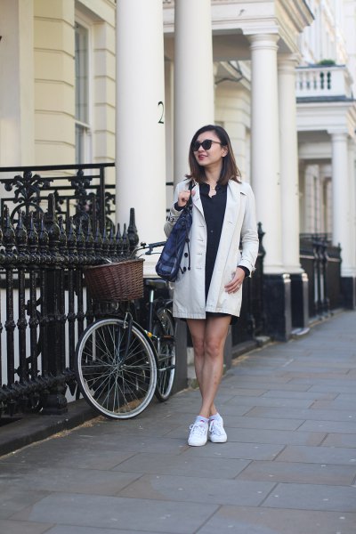 white longline blazer with black mini shift dress and sneakers