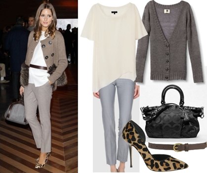 gray cardigan with white blouse with belt and chinos