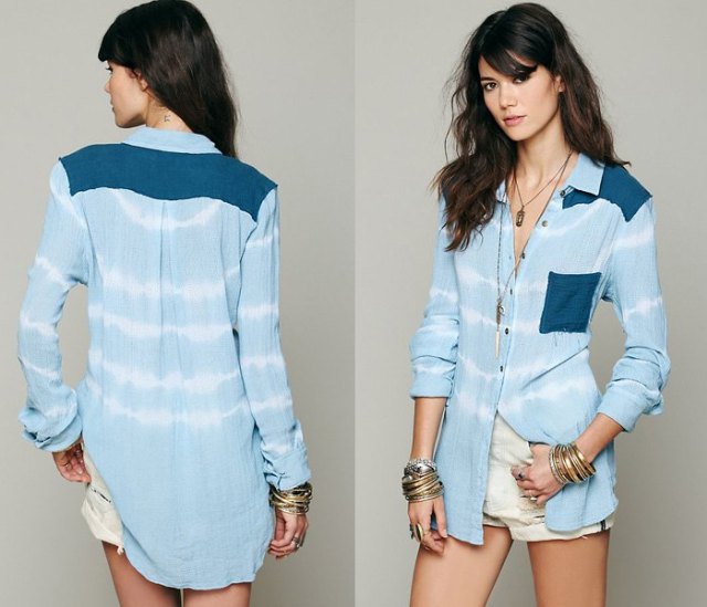 light blue and white striped chambray long sleeve shirt with pink shorts
